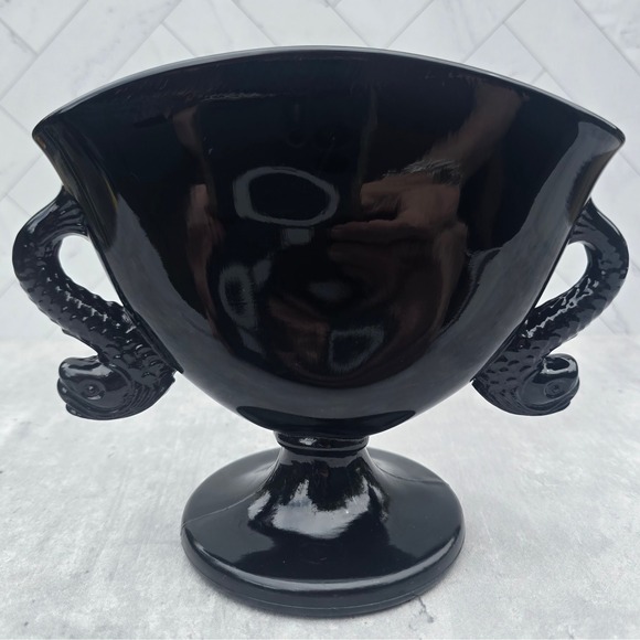 Other - Vintage Black Amethyst Glass Trophy Vase Koi Fish Dolphin Handles Art Deco